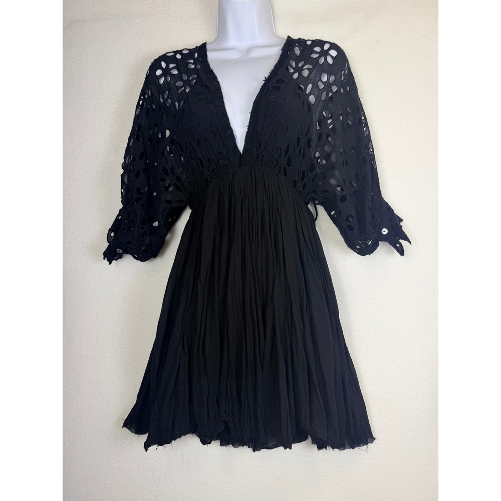 Free People Bella Note Black Eyelet Embroidered Gauze V-Neck Babydoll MiniDress - Picture 2 of 9